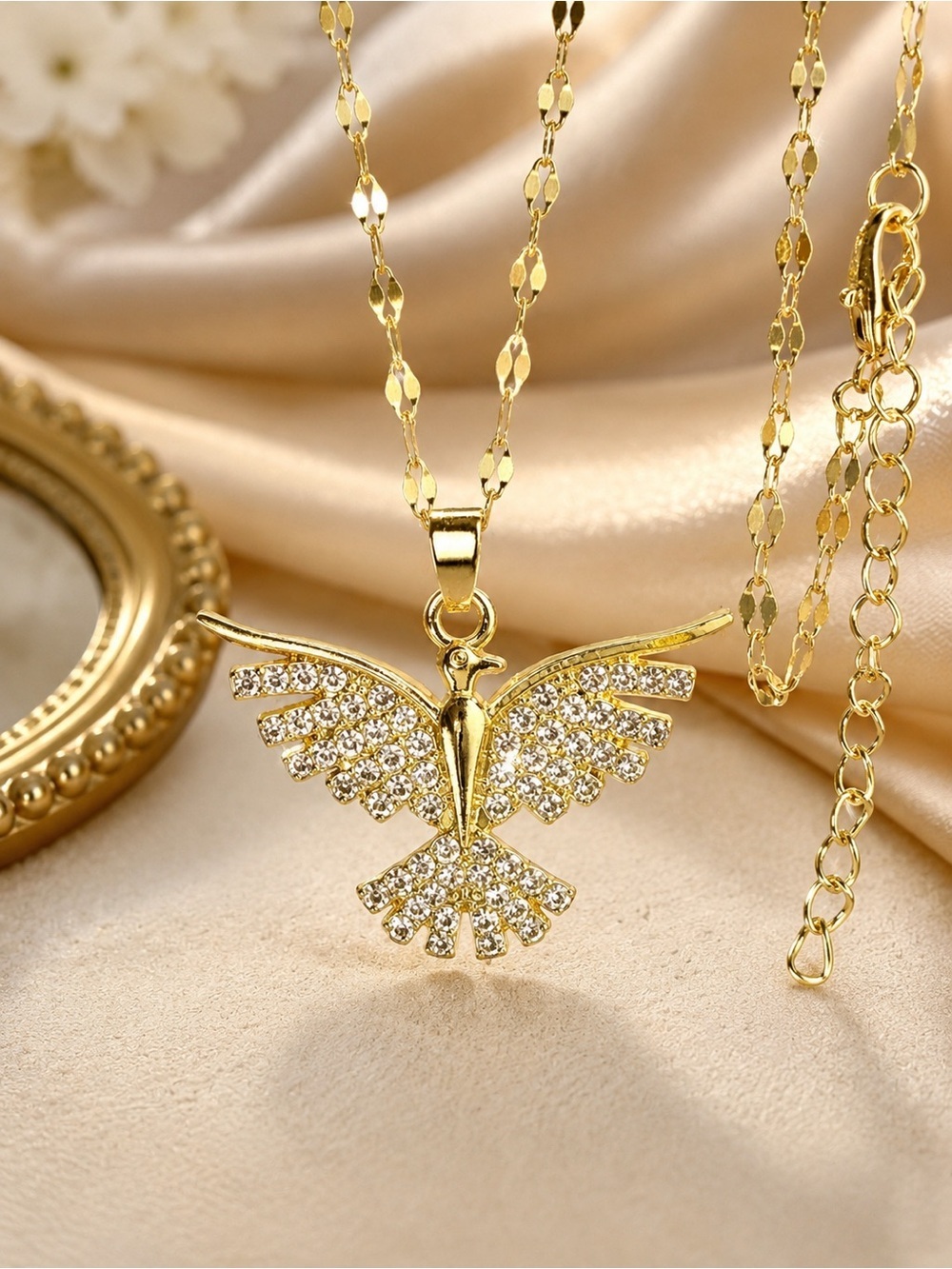 Gold Bird Pendant Necklace with Crystal Accents